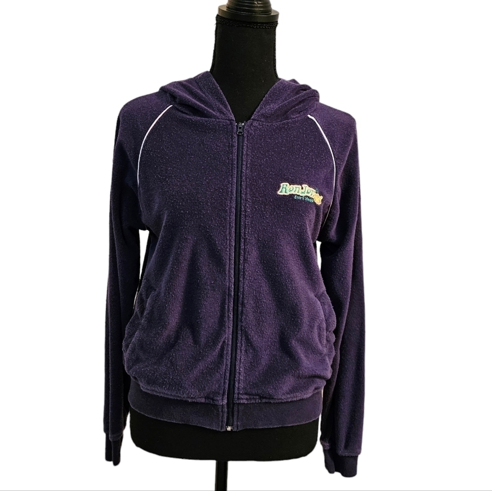 Ron Jon Surf Shop Terry Cloth Hooded Zip Up Track Jacket Dark Blue Size S
